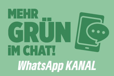 Banner Dunkelgrün auf Mintgrün mit Smartphone Icon und dem Text: "Mehr GRÜN im Chat! WhatsApp Kanal."