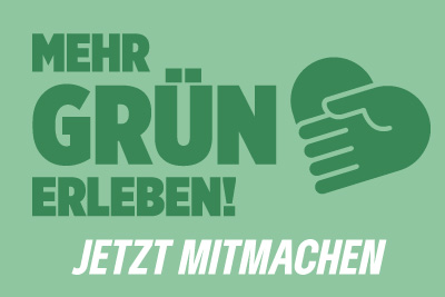 Banner Dunkelgrün auf Mintgrün mit Händen in Herzform und dem Text: "Mehr GRÜN erleben! Jetzt mitmachen."