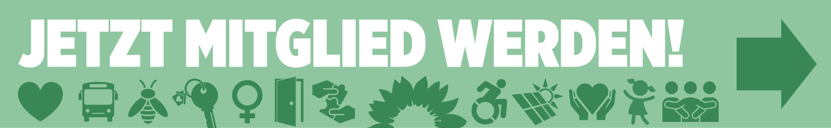 Banner "Jetzt Mitglied werden!" mit Link. Schrift weiß auf hellgrün und darunter verschiedenste dunkelgrüne Icons (Herz, Bus, Schlüssel, Biene, Frauenzeichen, offene Tür, Rollstuhlfahrer*in, Kind, Solarzellen, Sonne, Menschengruppe).