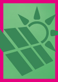 Symbolbild zum Thema Energie. Dunkelgrünes Sonne- und Solarzelle-Icon auf Mittelgrün mit magentafarbenen Rahmen.
