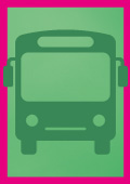 Symbolbild Thema Mobilität: Dunkelgrünes Bus-Icon auf mittelgrün mit magentafarbenen Rahmen.