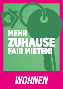 Bild zum Thema Wohnen. Dunkelgrünes Schlüssel-Icon auf Mittelgrün mit magentafarbenen Rahmen und dem Text: "Mehr Zuhause fair mieten!"