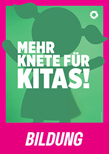 Bild zum Thema Bildung. Dunkelgrünes Mädchen-Icon auf Mittelgrün mit magentafarbenen Rahmen und dem Text: "Mehr Kitas richtig aufmöbeln!"